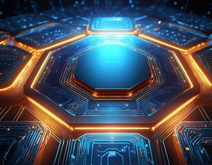 abstract 3d array of illuminated hexagon tiles forming a ring with microchip patterns symbolizing blockchain data nodes and digital connectivity