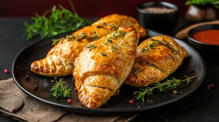 Golden, flaky pastries, artfully arranged on a dark plate, garnished with herbs and accompanied by small bowls of sauce