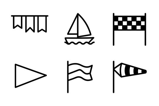 Vexillology Icon Set. Line style icons of Vexillology: sailing regatta flags, yacht signal flag, racing banner, triangular pennant