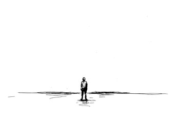 Solitary figure standing in minimalist landscape with reflective water surface