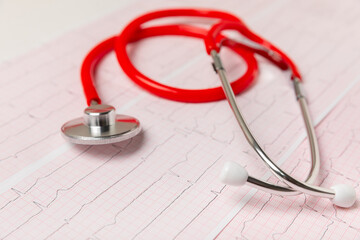 Medical stethoscope, red heart, and cardiogram on a color background. ECG, Heart wave, heart attack, cardiogram report. Cardiogram pulse trace and heart concept. Healthcare.Space for text