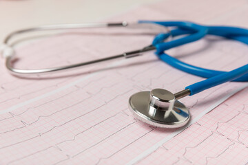Medical stethoscope, red heart, and cardiogram on a color background. ECG, Heart wave, heart...