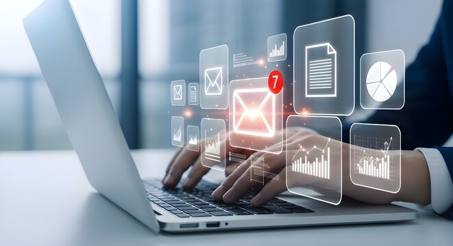 Hands typing on laptop with digital interface and data icons floating above