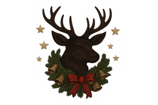 Reindeer decorating with pine wreath, red bow, bells, and golden stars, festive christmas holiday season illustration