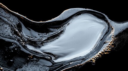 Abstract close-up shows flowing dark liquid with metallic sheen. Edges have tiny gold flecks. Negative space emphasizes fluidity