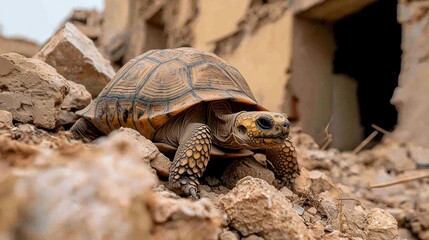 A turtle traverses rubble; a weathered building in the background. Its shell is a complex pattern of warm browns