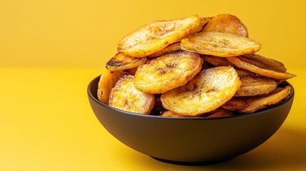 A black bowl overflowing with golden, crispy, sliced snacks sits against a vibrant yellow background, creating a delicious visual