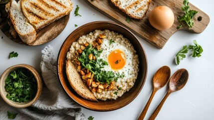 Overhead shot of a hearty breakfast oatmeal with a fried egg, toast, herbs, and wooden utensils on a white surface