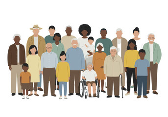 A diverse, inclusive, faceless group of people of all ages, genders, and ethnicities in neutral modern attire on a white background, concept of unity and inclusion