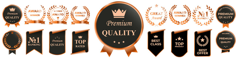 Metallic bronze badge vector set with stylish copper outlines, premium ornamental borders, and polished decorative shapes perfect for high-end branding and exclusive promotional artwork
