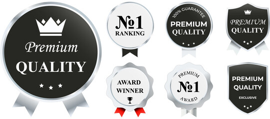 Luxury metallic silver badge pack featuring glossy chrome outlines, premium decorative frames, and...