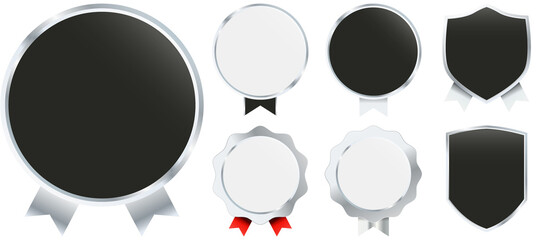 Luxury metallic silver badge pack featuring glossy chrome outlines, premium decorative frames, and refined label ornaments suitable for exclusive branding and premium graphic compositions
