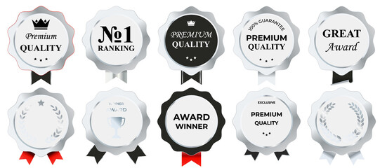 Elegant silver frame badge and label collection with polished chrome shine, premium ornamental shapes, and refined decorative outlines suitable for luxury branding and exclusive product identity desig