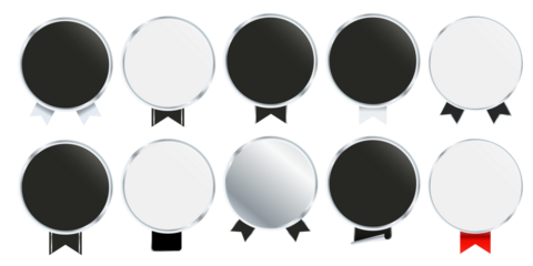 Luxury silver badge vector set with realistic metallic reflections, modern chrome frames, and elegant decorative borders perfect for upscale product packaging and premium promotional artwork

