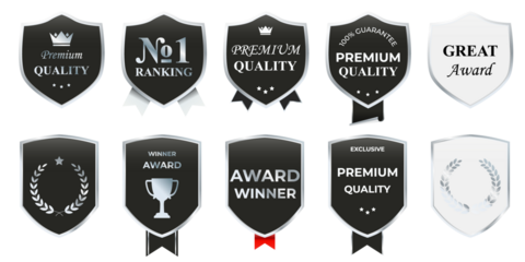 Premium chrome silver emblem collection featuring elegant reflective frames, luxury ornamental labels, and sophisticated geometric badge shapes designed for exclusive branding and prestige marketing g
