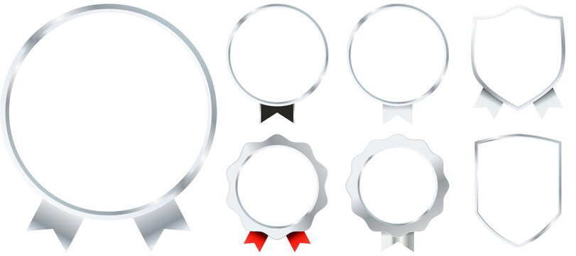 Luxury metallic silver badge pack featuring glossy chrome outlines, premium decorative frames, and refined label ornaments suitable for exclusive branding and premium graphic compositions
