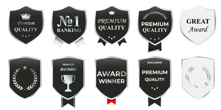 Premium chrome silver emblem collection featuring elegant reflective frames, luxury ornamental labels, and sophisticated geometric badge shapes designed for exclusive branding and prestige marketing g