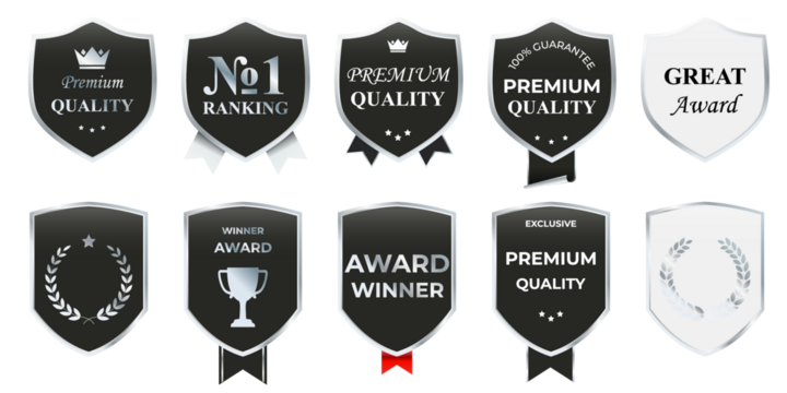 Premium chrome silver emblem collection featuring elegant reflective frames, luxury ornamental labels, and sophisticated geometric badge shapes designed for exclusive branding and prestige marketing g
