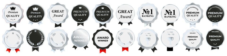 Polished silver badge vector pack with elegant metallic frames, premium label ornaments, and...