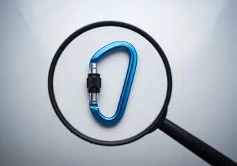 Close up view of a blue carabiner magnified by a magnifying glass on a neutral background