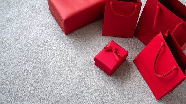 a top view perspective photography of red shopping bags and red gift boxes on a light gray carpet floor - Powered by Adobe