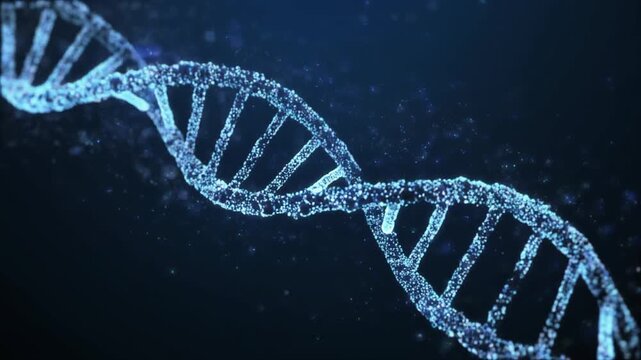 Close-up of DNA structure with glowing elements, illustrating genetic information and molecular biology.