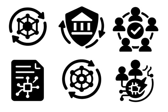 Decentralized Resilience Icons. Solid style icons of decentralized autonomous resilience: DAO with recovery loop, self-healing