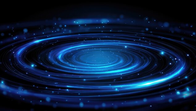 A glowing blue spiral, radiating light against a dark background with bokeh effects