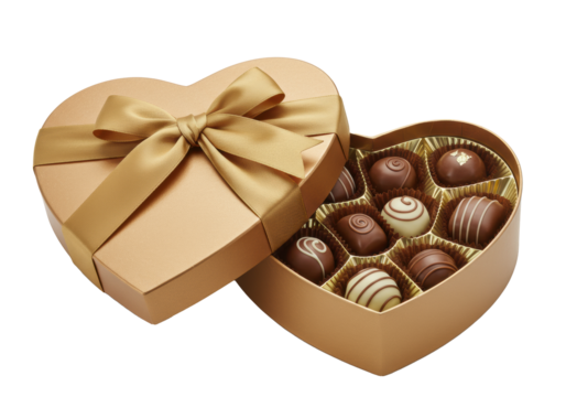 Open heart-shaped metallic gold gift box with gold satin bow, gourmet bonbons, drizzles, gold leaf, white background, Concept of romantic luxury - Powered by Adobe