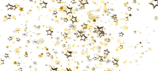 Abstract image of gold stars and snowflakes scattered on a white background, perfect for seasonal designs, holidays and celebrations.