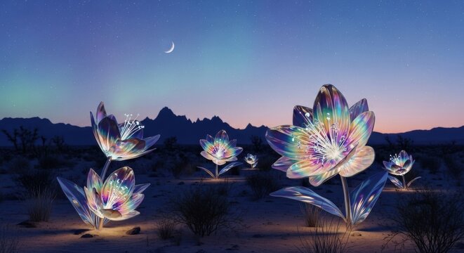 Magical glowing desert flowers under a twilight sky with a crescent moon - Powered by Adobe