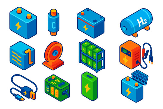Colorful Energy Storage Icons. Isometric vector illustration set Energy Storage Icons: lithium battery, supercapacitor, lead-acid