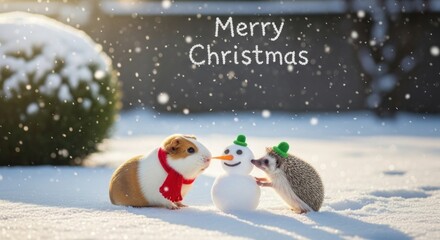 Adorable critters, a guinea pig and hedgehog, build a snowman in a winter wonderland, with a "Merry Christmas" message