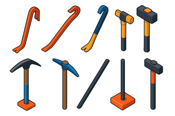 Tool Icons Collection. Isometric vector illustration set Tools: crowbar, pry bar, nail puller, wrecking bar, cat’s paw tool,