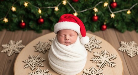 A newborn sleeps swaddled, wearing a Santa hat, on a wood board surrounded by snowflakes. Festive garland and lights in the backdrop