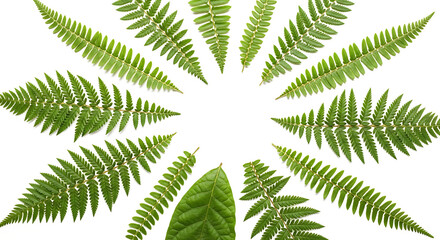 Arrangement of fern fronds and a single leaf in a circular pattern on a white background surface