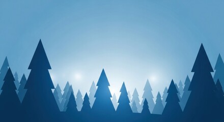 Silhouetted evergreen trees on a gradient blue background. Bright, faint lights appear in the hazy distance. A cool, wintery scene