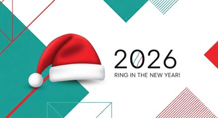 Festive holiday greeting with a red Santa hat, the year 2026, and geometric elements