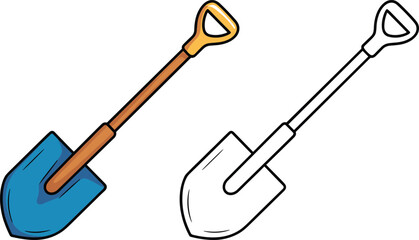 Shovel illustration, colored shovel vector, outline shovel drawing, gardening tool clipart, construction equipment icon, kids coloring page, DIY design asset