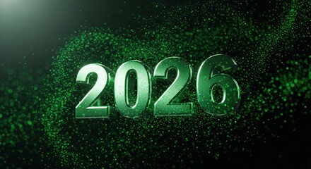 Shiny, emerald-green 2026 font against a black background with a bokeh effect. Abstract design for new year