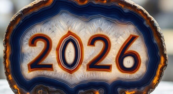 A close-up of a backlit polished stone slice with the year "2026" embedded, showcasing concentric patterns and layered textures
