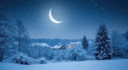 Fototapeta premium Serene winter night scene with snow-covered village under a crescent moon, starlight, and frosted trees