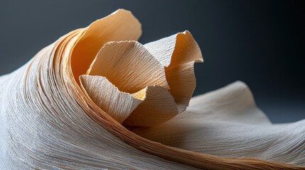 Close-up of layered, textured, cream-colored, folded material with hints of orange, sculpted to resemble a wave