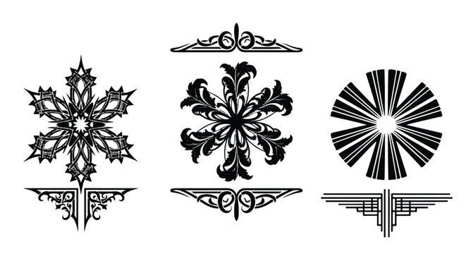 Ornamental Design Elements: An elegant composition of stylized, symmetrical ornamental design elements, showcasing the beauty and intricacy of artistic details.