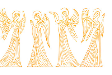 Obraz premium Golden line art illustration depicting a choir of four angels singing, praying, and worshipping on a transparent background