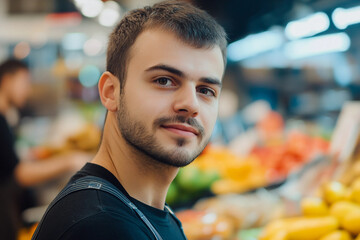 Fototapeta premium Generative AI image of confident supermarket store worker standing in front of shelves with groceries and packaged food products