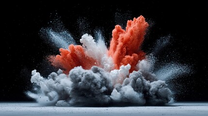 A vibrant burst of colored powder explodes against a stark black background, showcasing dynamic energy and form