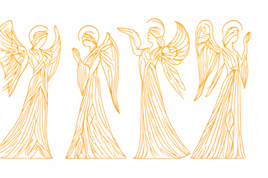 Golden line art illustration depicting a choir of four angels singing, praying, and worshipping on a transparent background