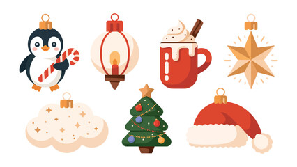 Fototapeta premium Festive Ornaments: A charming array of holiday decorations, featuring a penguin with a candy cane, a lantern, a mug of hot cocoa, a star, a cloud, a Christmas tree, and a Santa hat.