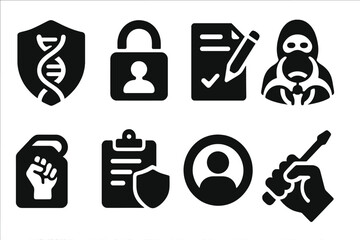 Ethical Hacking Icons. Solid style icons of ethical hacking symbols: DIY bioethics shield, personal data lock, informed consent